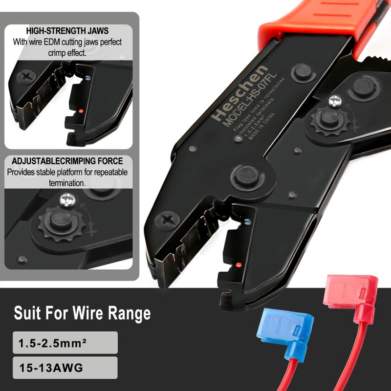 Heschen Ratchet Crimper Plier, HS-07FL, Flag Female Quick Disconnects Crimping Tools, Use for 1.5-2.5 mmÂ² (15-13 AWG), Red - Image 3